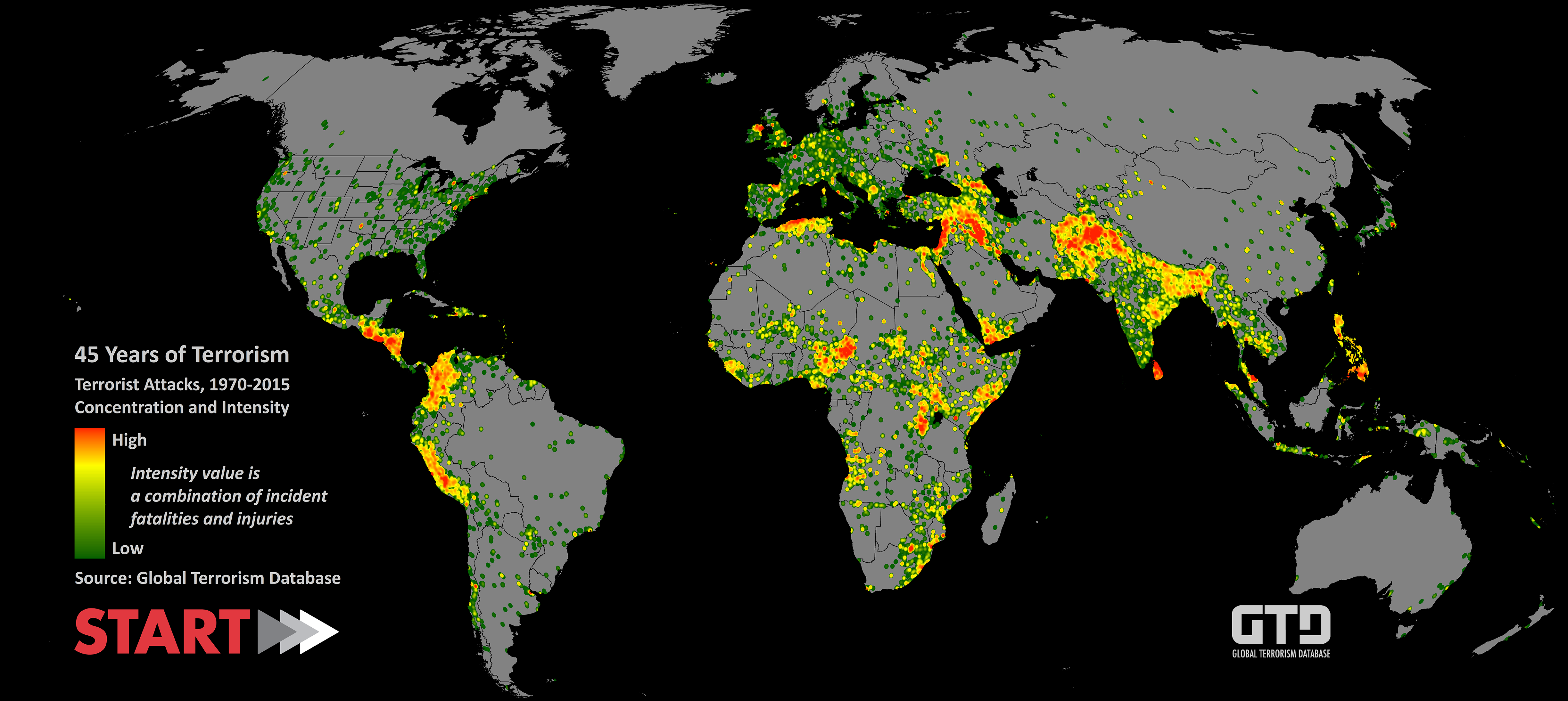 Una mappa del Global Terrorism Database illustra gli attentati dal 1945 al 2015. Le aree più colpite sono Medio Oriente e Nord Africa.